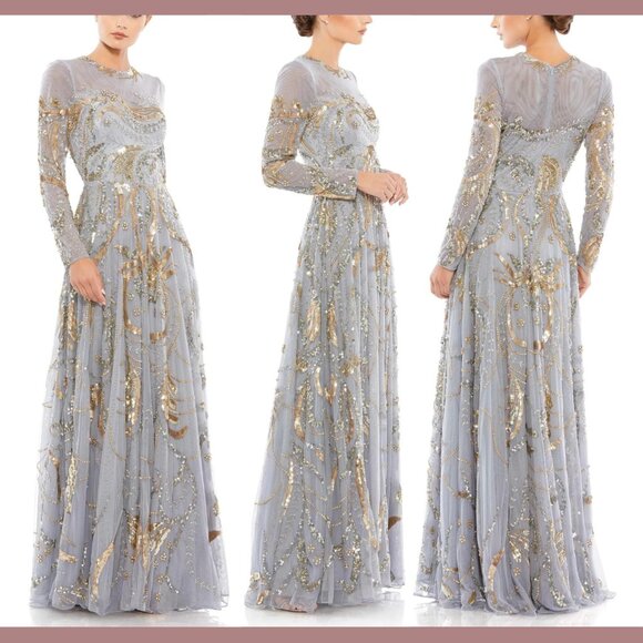 NWT $798 Mac Duggal [ 14 ] Long Sleeve Embellished Illusion Gown‎ Platinum Gold - Picture 2 of 15